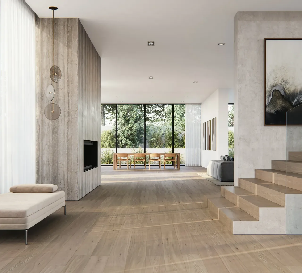 Sala contemporânea com piso de réguas em tom carvalho e escada em concreto